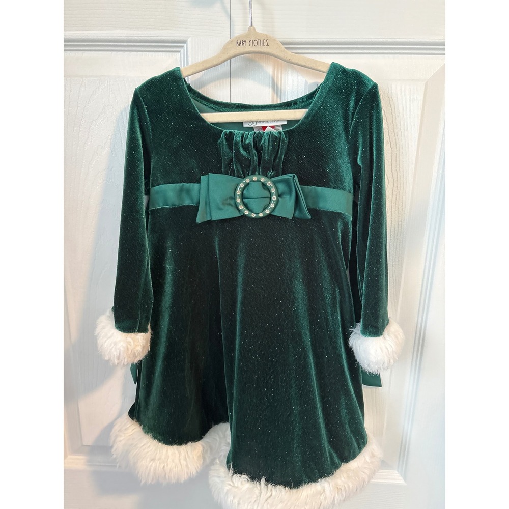 Bonnie Jean Girls 3T Green Velvet Glitter Faux Fur Holiday Christmas Dress 3T
